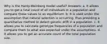 Why is the Hardy-Weinberg model useful? Answers: a. It allows you to get a total count of all individuals in a population and compare those values to an equilibrium. b. It is used under the assumption that natural selection is occurring, thus providing a quantitative method to detect genetic drift in a population. c. It allows you to calculate genotype frequencies of a population and compare them to what was expected under the assumptions. d. It allows you to get an accurate count of the total population size.