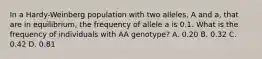 In a Hardy-Weinberg population with two alleles, A and a, that are in equilibrium, the frequency of allele a is 0.1. What is the frequency of individuals with AA genotype? A. 0.20 B. 0.32 C. 0.42 D. 0.81