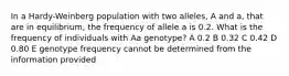 In a Hardy-Weinberg population with two alleles, A and a, that are in equilibrium, the frequency of allele a is 0.2. What is the frequency of individuals with Aa genotype? A 0.2 B 0.32 C 0.42 D 0.80 E genotype frequency cannot be determined from the information provided