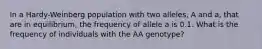 In a Hardy-Weinberg population with two alleles, A and a, that are in equilibrium, the frequency of allele a is 0.1. What is the frequency of individuals with the AA genotype?