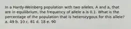 In a Hardy-Weinberg population with two alleles, A and a, that are in equilibrium, the frequency of allele a is 0.1. What is the percentage of the population that is heterozygous for this allele? a. 49 b. 10 c. 81 d. 18 e. 90