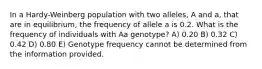 In a Hardy-Weinberg population with two alleles, A and a, that are in equilibrium, the frequency of allele a is 0.2. What is the frequency of individuals with Aa genotype? A) 0.20 B) 0.32 C) 0.42 D) 0.80 E) Genotype frequency cannot be determined from the information provided.