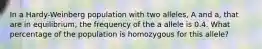 In a Hardy-Weinberg population with two alleles, A and a, that are in equilibrium, the frequency of the a allele is 0.4. What percentage of the population is homozygous for this allele?