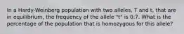 In a Hardy-Weinberg population with two alleles, T and t, that are in equilibrium, the frequency of the allele "t" is 0.7. What is the percentage of the population that is homozygous for this allele?