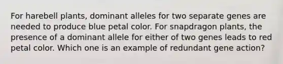 For harebell plants, dominant alleles for two separate genes are needed to produce blue petal color. For snapdragon plants, the presence of a dominant allele for either of two genes leads to red petal color. Which one is an example of redundant gene action?