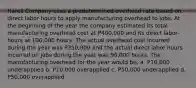 Harell Company uses a predetermined overhead rate based on direct labor hours to apply manufacturing overhead to jobs. At the beginning of the year the company estimated its total manufacturing overhead cost at P400,000 and its direct labor-hours at 100,000 hours. The actual overhead cost incurred during the year was P350,000 and the actual direct labor hours incurred on jobs during the year was 90,000 hours. The manufacturing overhead for the year would be: a. P10,000 underapplied b. P10,000 overapplied c. P50,000 underapplied d. P50,000 overapplied