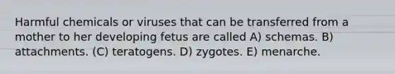 Harmful chemicals or viruses that can be transferred from a mother to her developing fetus are called A) schemas. B) attachments. (C) teratogens. D) zygotes. E) menarche.