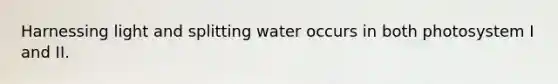 Harnessing light and splitting water occurs in both photosystem I and II.