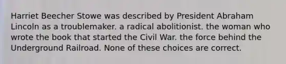 Harriet Beecher Stowe was described by President Abraham Lincoln as a troublemaker. a radical abolitionist. the woman who wrote the book that started the Civil War. the force behind the Underground Railroad. None of these choices are correct.