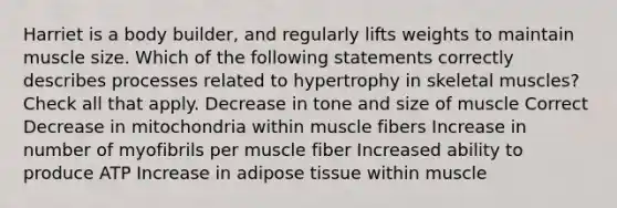 Harriet is a body builder, and regularly lifts weights to maintain muscle size. Which of the following statements correctly describes processes related to hypertrophy in skeletal muscles? Check all that apply. Decrease in tone and size of muscle Correct Decrease in mitochondria within muscle fibers Increase in number of myofibrils per muscle fiber Increased ability to produce ATP Increase in adipose tissue within muscle