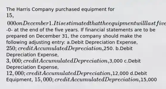 The Harris Company purchased equipment for 15,000 on December 1. It is estimated that the equipment will last five years and have a salvage value of-0- at the end of the five years. If financial statements are to be prepared on December 31, the company should make the following adjusting entry: a.Debit Depreciation Expense, 250; credit Accumulated Depreciation,250. b.Debit Depreciation Expense, 3,000; credit Accumulated Depreciation,3,000 c.Debit Depreciation Expense, 12,000; credit Accumulated Depreciation,12,000 d.Debit Equipment, 15,000; credit Accumulated Depreciation,15,000