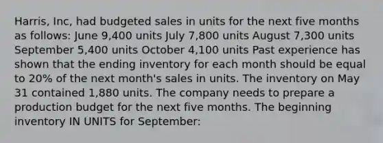 Harris, Inc, had budgeted sales in units for the next five months as follows: June 9,400 units July 7,800 units August 7,300 units September 5,400 units October 4,100 units Past experience has shown that the ending inventory for each month should be equal to 20% of the next month's sales in units. The inventory on May 31 contained 1,880 units. The company needs to prepare a production budget for the next five months. The beginning inventory IN UNITS for September: