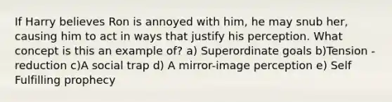 If Harry believes Ron is annoyed with him, he may snub her, causing him to act in ways that justify his perception. What concept is this an example of? a) Superordinate goals b)Tension - reduction c)A social trap d) A mirror-image perception e) Self Fulfilling prophecy