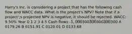 Harry's Inc. is considering a project that has the following cash flow and WACC data. What is the project's NPV? Note that if a project';s projected NPV is negative, it should be rejected. WACC: 9.50% Year 0 1 2 3 4 5 Cash flows -1,000300300300300 300 A 0179.26 B 0151.91 C 0120.01 D 0133.68