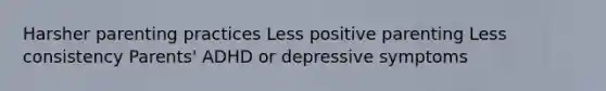 Harsher parenting practices Less positive parenting Less consistency Parents' ADHD or depressive symptoms