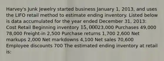 Harvey's Junk Jewelry started business January 1, 2013, and uses the LIFO retail method to estimate ending inventory. Listed below is data accumulated for the year ended December 31, 2013: Cost Retail Beginning inventory 15,00023,000 Purchases 49,000 78,000 Freight-in 2,500 Purchase returns 1,700 2,600 Net markups 2,000 Net markdowns 4,100 Net sales 70,600 Employee discounts 700 The estimated ending inventory at retail is: