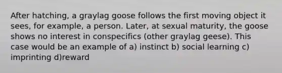 After hatching, a graylag goose follows the first moving object it sees, for example, a person. Later, at sexual maturity, the goose shows no interest in conspecifics (other graylag geese). This case would be an example of a) instinct b) social learning c) imprinting d)reward