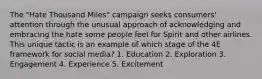 The "Hate Thousand Miles" campaign seeks consumers' attention through the unusual approach of acknowledging and embracing the hate some people feel for Spirit and other airlines. This unique tactic is an example of which stage of the 4E framework for social media? 1. Education 2. Exploration 3. Engagement 4. Experience 5. Excitement