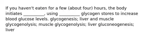 If you haven't eaten for a few (about four) hours, the body initiates __________, using __________ glycogen stores to increase blood glucose levels. glycogenesis; liver and muscle glycogenolysis; muscle glycogenolysis; liver gluconeogenesis; liver