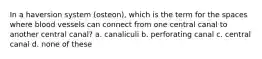 In a haversion system (osteon), which is the term for the spaces where blood vessels can connect from one central canal to another central canal? a. canaliculi b. perforating canal c. central canal d. none of these