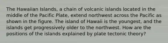 The Hawaiian Islands, a chain of volcanic islands located in the middle of the Pacific Plate, extend northwest across the Pacific as shown in the figure. The island of Hawaii is the youngest, and the islands get progressively older to the northwest. How are the positions of the islands explained by plate tectonic theory?