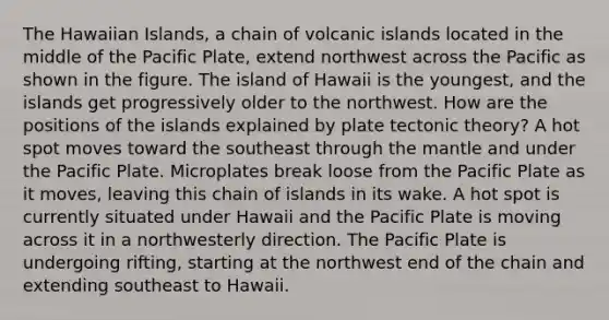 The Hawaiian Islands, a chain of volcanic islands located in the middle of the Pacific Plate, extend northwest across the Pacific as shown in the figure. The island of Hawaii is the youngest, and the islands get progressively older to the northwest. How are the positions of the islands explained by plate tectonic theory? A hot spot moves toward the southeast through the mantle and under the Pacific Plate. Microplates break loose from the Pacific Plate as it moves, leaving this chain of islands in its wake. A hot spot is currently situated under Hawaii and the Pacific Plate is moving across it in a northwesterly direction. The Pacific Plate is undergoing rifting, starting at the northwest end of the chain and extending southeast to Hawaii.