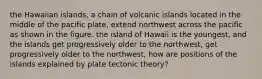 the Hawaiian islands, a chain of volcanic islands located in the middle of the pacific plate, extend northwest across the pacific as shown in the figure. the island of Hawaii is the youngest, and the islands get progressively older to the northwest, get progressively older to the northwest, how are positions of the islands explained by plate tectonic theory?