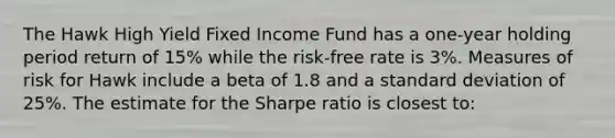 The Hawk High Yield Fixed Income Fund has a one-year holding period return of 15% while the risk-free rate is 3%. Measures of risk for Hawk include a beta of 1.8 and a standard deviation of 25%. The estimate for the Sharpe ratio is closest to: