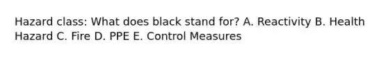 Hazard class: What does black stand for? A. Reactivity B. Health Hazard C. Fire D. PPE E. Control Measures