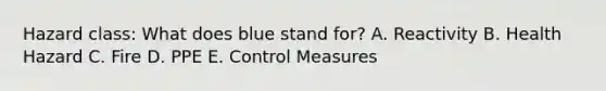 Hazard class: What does blue stand for? A. Reactivity B. Health Hazard C. Fire D. PPE E. Control Measures