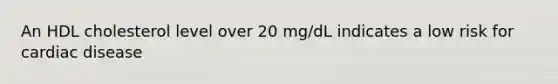 An HDL cholesterol level over 20 mg/dL indicates a low risk for cardiac disease