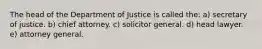 The head of the Department of Justice is called the: a) secretary of justice. b) chief attorney. c) solicitor general. d) head lawyer. e) attorney general.