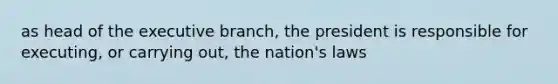 as head of <a href='https://www.questionai.com/knowledge/kBllUhZHhd-the-executive-branch' class='anchor-knowledge'>the executive branch</a>, the president is responsible for executing, or carrying out, the nation's laws