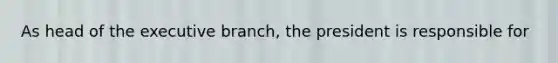 As head of <a href='https://www.questionai.com/knowledge/kBllUhZHhd-the-executive-branch' class='anchor-knowledge'>the executive branch</a>, the president is responsible for