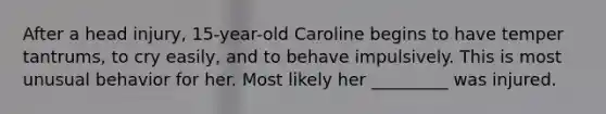 After a head injury, 15-year-old Caroline begins to have temper tantrums, to cry easily, and to behave impulsively. This is most unusual behavior for her. Most likely her _________ was injured.