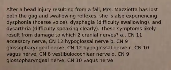 After a head injury resulting from a fall, Mrs. Mazziotta has lost both the gag and swallowing reflexes. she is also experiencing dysphonia (hoarse voice), dysphagia (difficulty swallowing), and dysarthria (difficulty speaking clearly). These symptoms likely result from damage to which 2 cranial nerves? a.. CN 11 accessory nerve, CN 12 hypoglossal nerve b. CN 9 glossopharyngeal nerve, CN 12 hypoglossal nerve c. CN 10 vagus nerve, CN 8 vestibulocochlear nerve d. CN 9 glossopharyngeal nerve, CN 10 vagus nerve