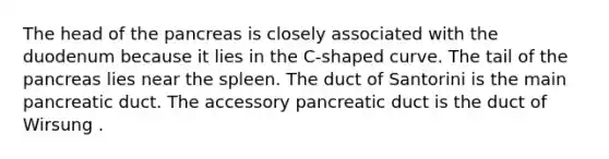 The head of the pancreas is closely associated with the duodenum because it lies in the C-shaped curve. The tail of the pancreas lies near the spleen. The duct of Santorini is the main pancreatic duct. The accessory pancreatic duct is the duct of Wirsung .