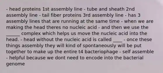 - head proteins 1st assembly line - tube and sheath 2nd assembly line - tail fiber proteins 3rd assembly line - has 3 assembly lines that are running at the same time - when we are making the head theres no nucleic acid - and then we use the ______ complex which helps us move the nucleic acid into the head. - head without the nucleic acid is called ____ - once these things assembly they will kind of spontaneously will be put together to make up the entire t4 bacteriophage - self assemble - helpful because we dont need to encode into the bacterial genome