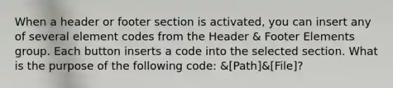 When a header or footer section is activated, you can insert any of several element codes from the Header & Footer Elements group. Each button inserts a code into the selected section. What is the purpose of the following code: &[Path]&[File]?