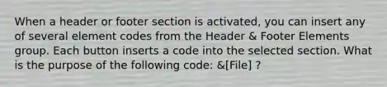 When a header or footer section is activated, you can insert any of several element codes from the Header & Footer Elements group. Each button inserts a code into the selected section. What is the purpose of the following code: &[File] ?