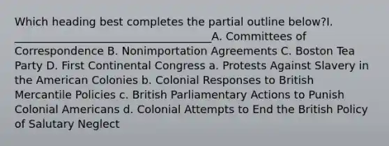 Which heading best completes the partial outline below?I. ____________________________________A. Committees of Correspondence B. Nonimportation Agreements C. Boston Tea Party D. First Continental Congress a. Protests Against Slavery in the American Colonies b. Colonial Responses to British Mercantile Policies c. British Parliamentary Actions to Punish Colonial Americans d. Colonial Attempts to End the British Policy of Salutary Neglect