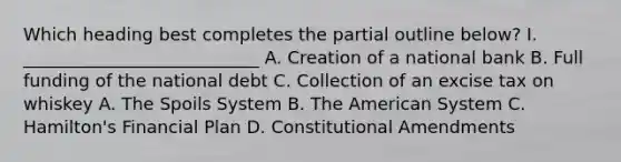 Which heading best completes the partial outline below? I. ___________________________ A. Creation of a national bank B. Full funding of the national debt C. Collection of an excise tax on whiskey A. The Spoils System B. The American System C. Hamilton's Financial Plan D. Constitutional Amendments