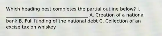 Which heading best completes the partial outline below? I. ____________________________________ A. Creation of a national bank B. Full funding of the national debt C. Collection of an excise tax on whiskey