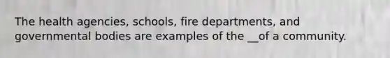 The health agencies, schools, fire departments, and governmental bodies are examples of the __of a community.