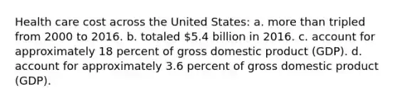 Health care cost across the United States: a. <a href='https://www.questionai.com/knowledge/keWHlEPx42-more-than' class='anchor-knowledge'>more than</a> tripled from 2000 to 2016. b. totaled 5.4 billion in 2016. c. account for approximately 18 percent of <a href='https://www.questionai.com/knowledge/kJPHGCSDAr-gross-domestic-product' class='anchor-knowledge'>gross domestic product</a> (GDP). d. account for approximately 3.6 percent of gross domestic product (GDP).