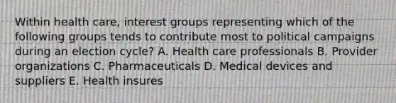 Within health care, interest groups representing which of the following groups tends to contribute most to political campaigns during an election cycle? A. Health care professionals B. Provider organizations C. Pharmaceuticals D. Medical devices and suppliers E. Health insures