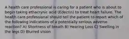 A health care professional is caring for a patient who is about to begin taking ethacrynic acid (Edecrin) to treat heart failure. The health care professional should tell the patient to report which of the following indications of a potentially serious adverse reaction? A) Shortness of breath B) Hearing Loss C) Swelling in the legs D) Blurred vision