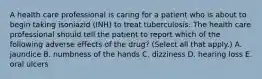 A health care professional is caring for a patient who is about to begin taking isoniazid (INH) to treat tuberculosis. The health care professional should tell the patient to report which of the following adverse effects of the drug? (Select all that apply.) A. jaundice B. numbness of the hands C. dizziness D. hearing loss E. oral ulcers