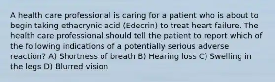 A health care professional is caring for a patient who is about to begin taking ethacrynic acid (Edecrin) to treat heart failure. The health care professional should tell the patient to report which of the following indications of a potentially serious adverse reaction? A) Shortness of breath B) Hearing loss C) Swelling in the legs D) Blurred vision