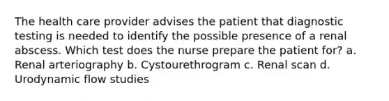 The health care provider advises the patient that diagnostic testing is needed to identify the possible presence of a renal abscess. Which test does the nurse prepare the patient for? a. Renal arteriography b. Cystourethrogram c. Renal scan d. Urodynamic flow studies